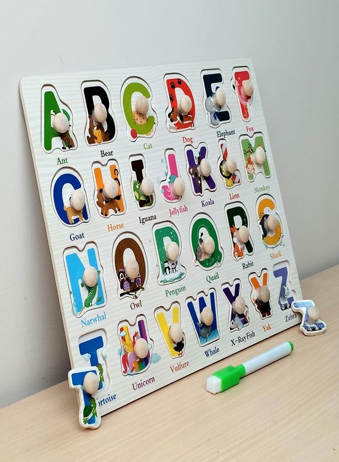Pingo Play Wooden Alphabet Knob Puzzle Board with Whiteboard Back | Montessori A-Z Learning Toy for Toddlers | 2-in-1 Puzzle & Writing Board, Fine Motor Skills, Early Education Toy for Kids 2-6 Years - Image 1